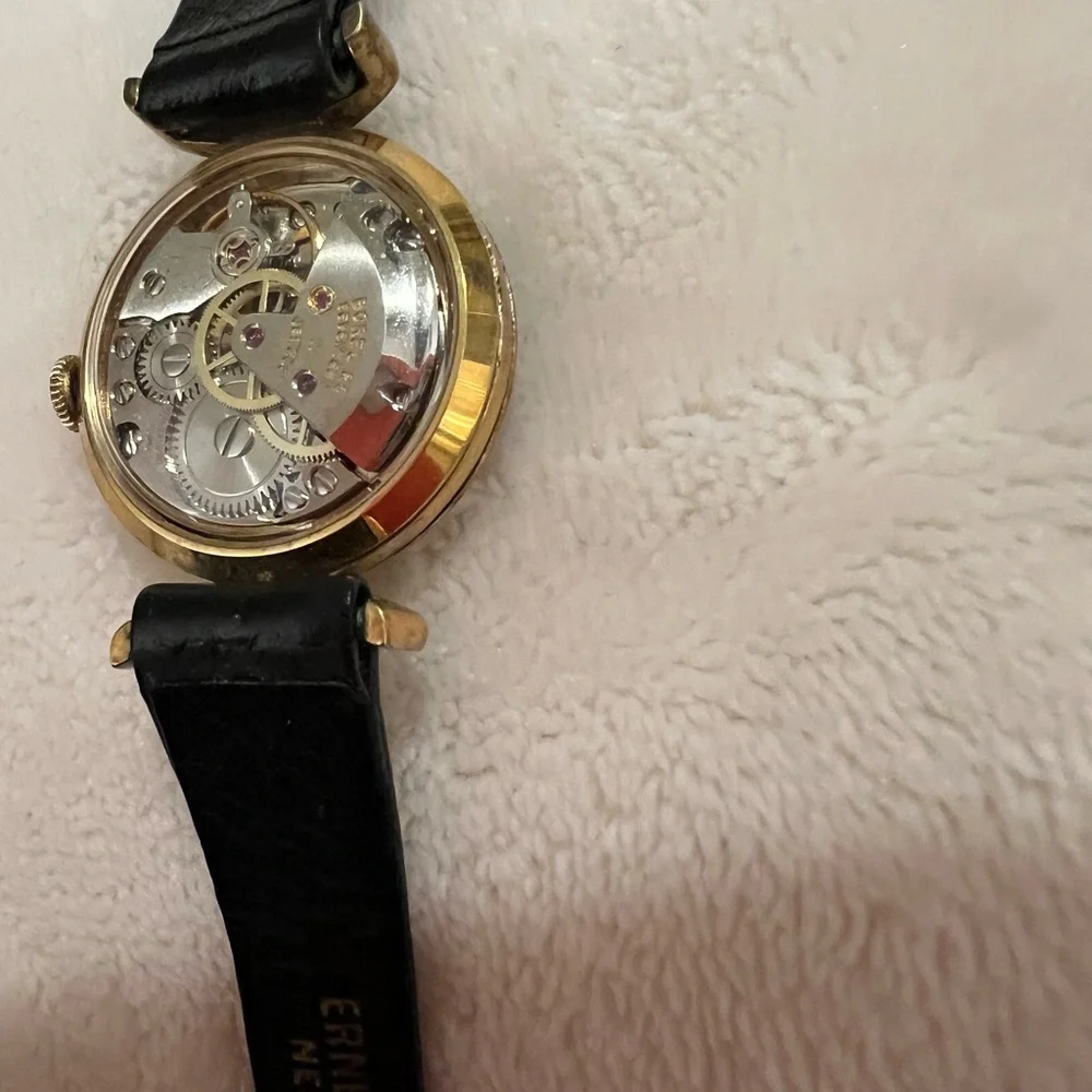 🩷 Ernest Borel 26 Gold-Plated 17🩷 Jewel Kaleidoscope Watch w/ Black Leather Band